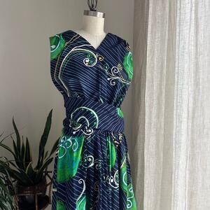 Women’s Medium Maxi Dress Navy Green Batik Print Cotton Wrap Belt Sash Bow Boho
